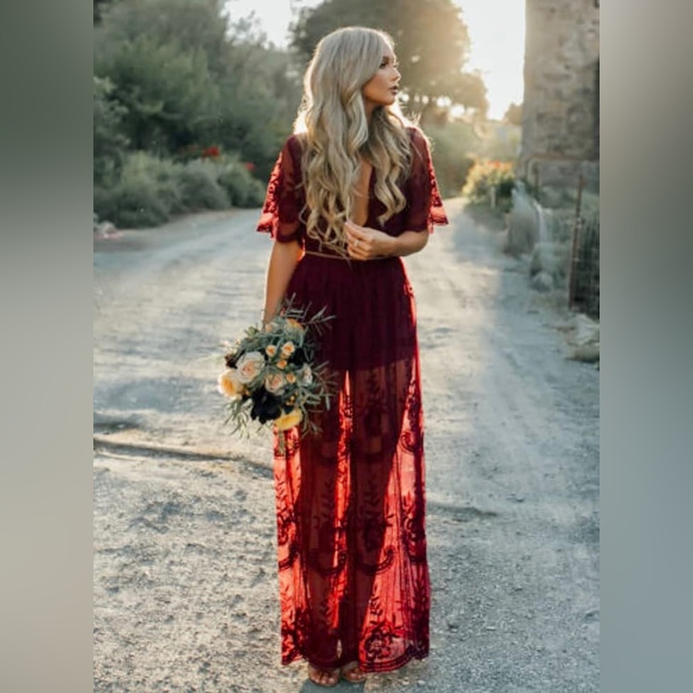 Beautiful Dark Red Lace Dress with Romper underslip.